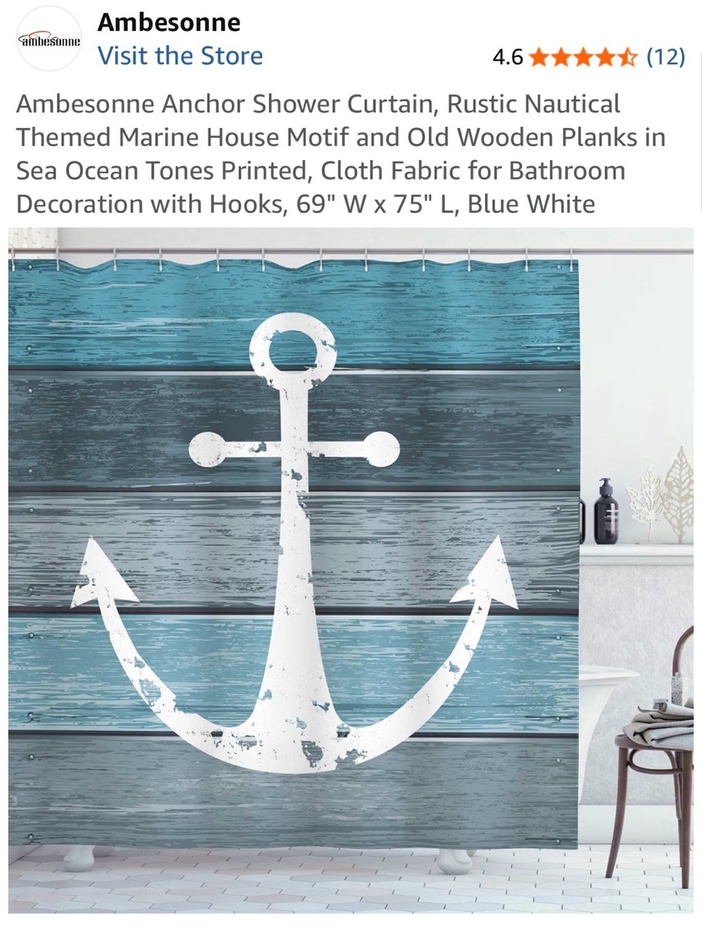 Ambesonne Teal Blue and White Anchor Shower Curtain 31